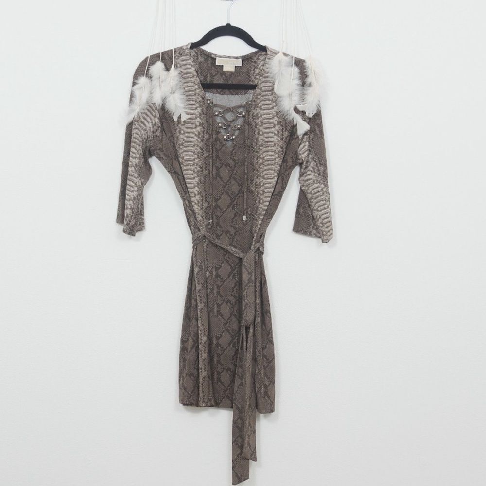 MICHAEL Michael Kors Snake Print Lace Up Long Sleeve Shift Mini Dress Size PM
